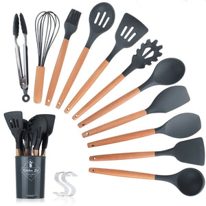 12pcs Kitchen Utensil Set Silicone Cooking Tools Set Household Wooden Koken Gereedschap Met Opbergdoos Turner Tang Spatel Turner