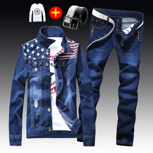 Spring Autumn Mens Slim Fit Denim Jacket Pants Long Sleeve Coat Casual 2pcs Set Buttons Front S2