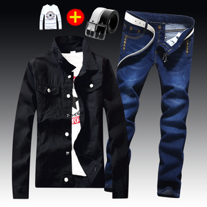 Spring Autumn Mens Slim Fit Denim Jacket Pants Long Sleeve Coat Casual 2pcs Set Buttons Front S2