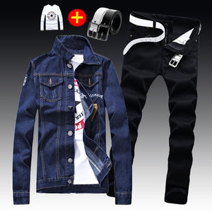 Spring Autumn Mens Slim Fit Denim Jacket Pants Long Sleeve Coat Casual 2pcs Set Buttons Front S2