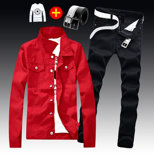 Spring Autumn Mens Slim Fit Denim Jacket Pants Long Sleeve Coat Casual 2pcs Set Buttons Front S2