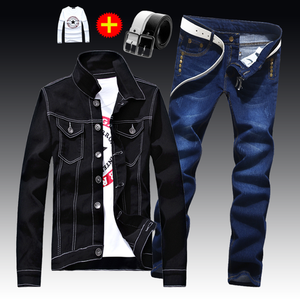 Spring Autumn Mens Slim Fit Denim Jacket Pants Long Sleeve Coat Casual 2pcs Set Buttons Front S2