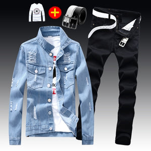 Spring Autumn Mens Slim Fit Denim Jacket Pants Long Sleeve Coat Casual 2pcs Set Buttons Front S2