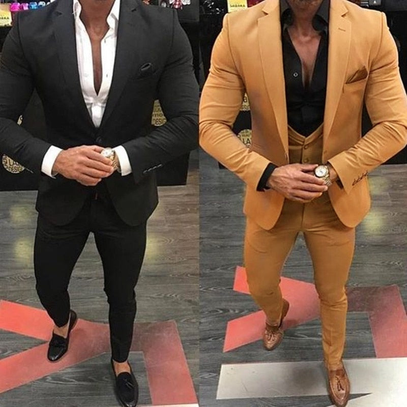 Khaki/Black Men Suits for Wedding 3 Pieces Business Suit Blazer Peak Lapel Costume Homme Terno Party Suits(jacket+pant+vest)