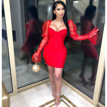 Load image into Gallery viewer, Adogirl Valentine’s Day Sheer Mesh Flare Long Sleeve Bodycon Dress Women Sexy Off Shoulder Bodycon Mini Club Party Dresses