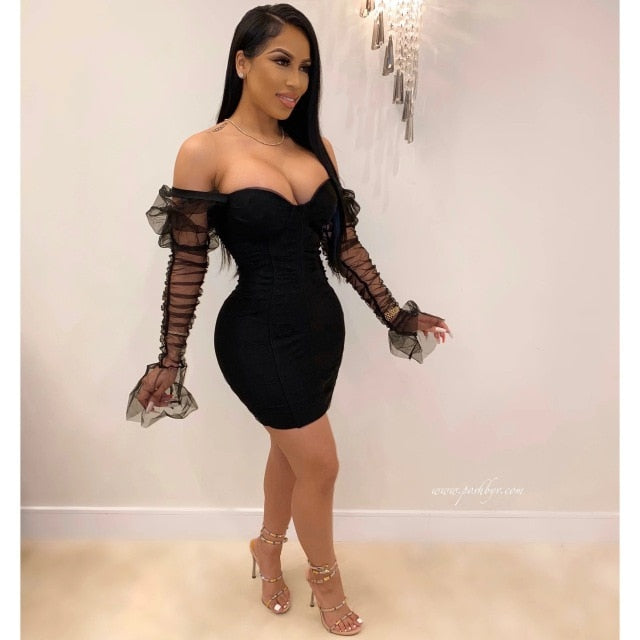 Adogirl Valentine’s Day Sheer Mesh Flare Long Sleeve Bodycon Dress Women Sexy Off Shoulder Bodycon Mini Club Party Dresses