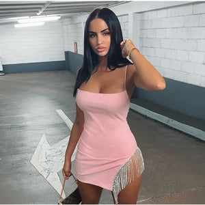 NewAsia 2 Layers Diamond Party Dress Women 2020 Summer Backless Tassel Hem Valentine Sexy Club Dress Elegant White Dress Mini