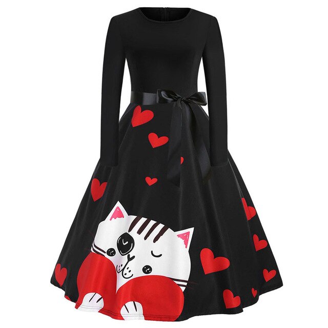 Women Vintage Valentines Day Heart Print Long Sleeve Party Dress Female Fashion Women Dress Party Dress vestido