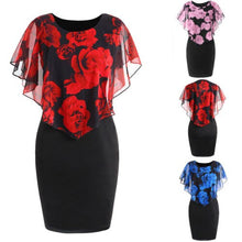 Load image into Gallery viewer, UK 2018 New Fashion Hot Sexy Ladies Plus Size Chiffon Dress XL-5XL Rose Valentine Overlay Capelet Floral Dress