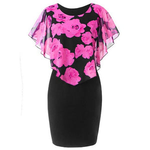 2019 Summer Bodycon Dress Plus Size 5XL Rose Valentine Overlay Capelet Dress Women Clothing Chiffon Party Pencil Dress Vestidos