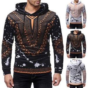 Mens Autumn Winter Printed Pullover Long Sleeve Hooded Sweatshirt Tops Blouse