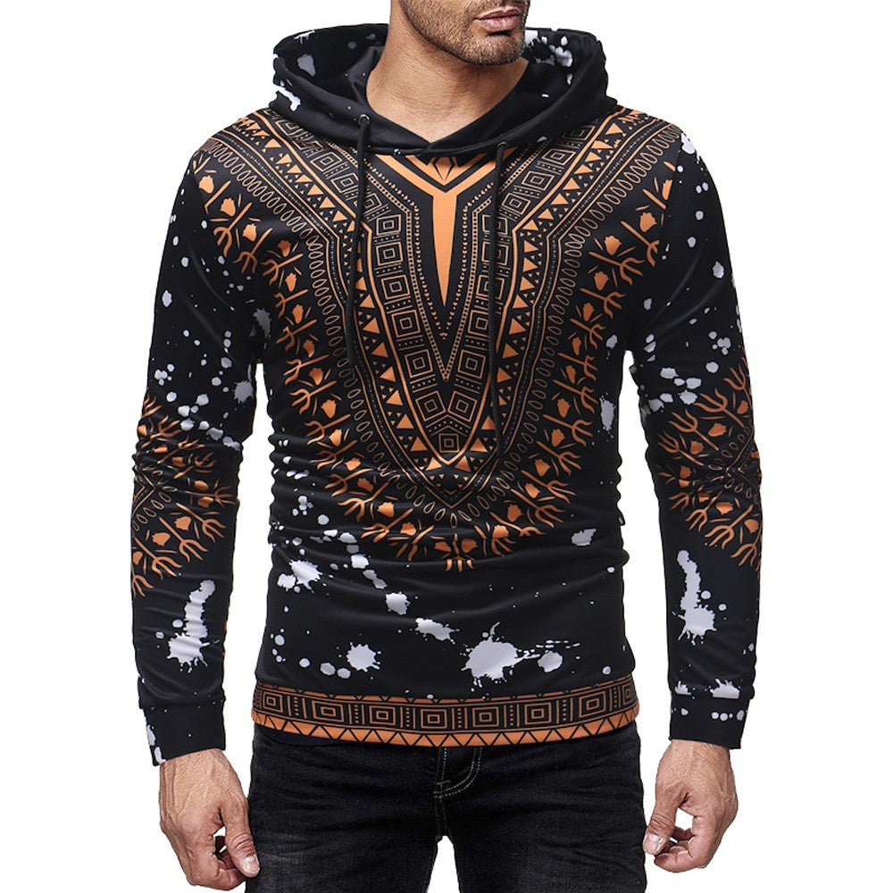 Mens Autumn Winter Printed Pullover Long Sleeve Hooded Sweatshirt Tops Blouse