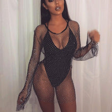 Load image into Gallery viewer, Sparkle Fishnet Hollow Out Flare Sleeve Mesh Diamante Mini Dress Glitter Crystal Party Dress Clubwears Valentines Outfits