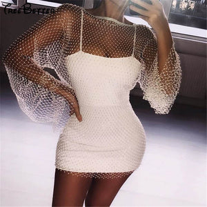 Sparkle Fishnet Hollow Out Flare Sleeve Mesh Diamante Mini Dress Glitter Crystal Party Dress Clubwears Valentines Outfits